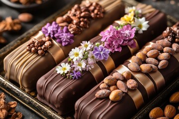 Obraz premium Artisanal Chocolate Covered Almonds with Edible Flowers and Satin Ribbons
