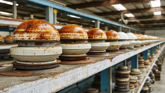 Rusty electrical insulators on shelves in an industrial warehouse showcasing vintage pieces