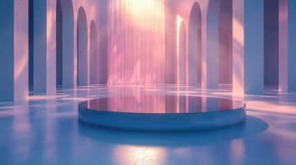 Round platform in archway hall with waterfall backdrop at sunset