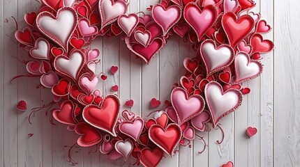 Heart-Shaped Wreath in Shades of Pink and Red on Rustic Wooden Background