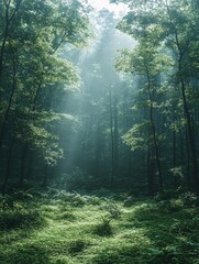 Obraz premium A serene forest scene with sunlight filtering through trees onto lush greenery.