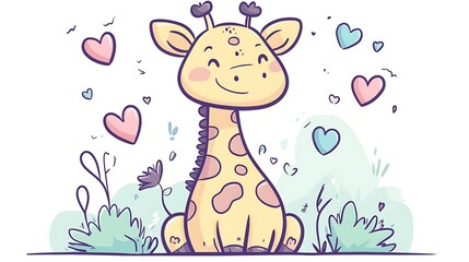 A cheerful giraffe with pastel hearts floating around, surrounded by gentle pastel accents, simple hand-drawn lines, clean white background, kawaii aesthetic, minimalistic approach, hd quality,