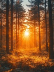 Obraz premium A serene forest scene at sunset, with sunlight filtering through tall trees and ferns.