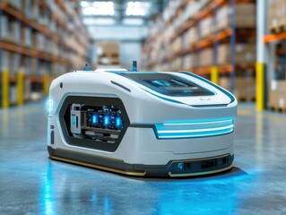 Fototapeta premium Sleek, futuristic, robotic cargo loader in a bustling warehouse