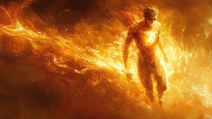 Fiery superhero soars, inferno background, power, fantasy art.