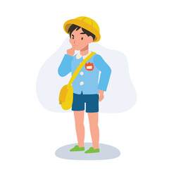 Kindergarten Boy in School Uniform Thinking Seriously Focused on Studying and Learning