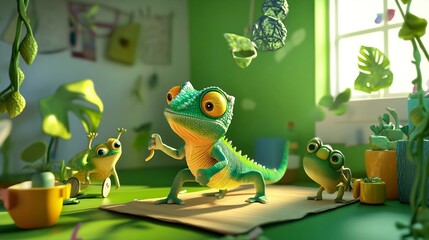 Playful Chameleon and Friends: A Whimsical 3D Render