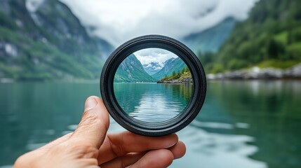 Fjord landscape seen through lens, travel photography.
