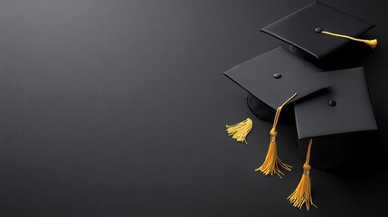 Three Black Graduation Caps With Gold Tassels Resting On Dark Surface