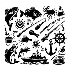 Set of fishing elements vector. Equipment of fisherman and fishing icons set. Fishing elements silhouette vector art illustration