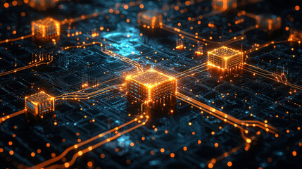 Fototapeta premium Glowing cubes on circuit board, data flow, dark background, tech concept