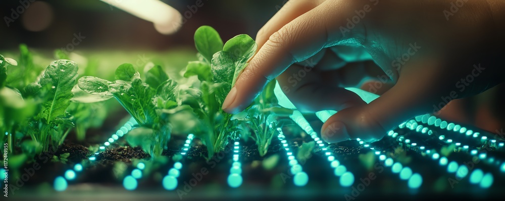 Poster iot and ai technology in smart farming, hand nurturing young plants with digital overlays of crop an