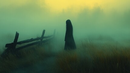 Foggy field, lone figure, mystical morning, eerie landscape, Halloween.