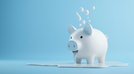 Piggy Bank Leaking Milk with Stream of Liquid Flowing into Pool on Soft Blue Background