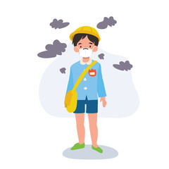 japanese kindergarten boy in uniform wearing protective mask against air pollution