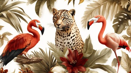 Elegant Tropical Wildlife Composition with Flamingos and Leopard