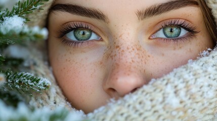 Freckled girl, winter scarf, snowy scene, close-up portrait, beauty.
