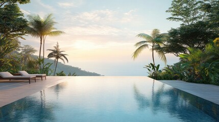 A stunning infinity pool at a villa terrace with panoramic views of a tropical jungle and distant blue ocean