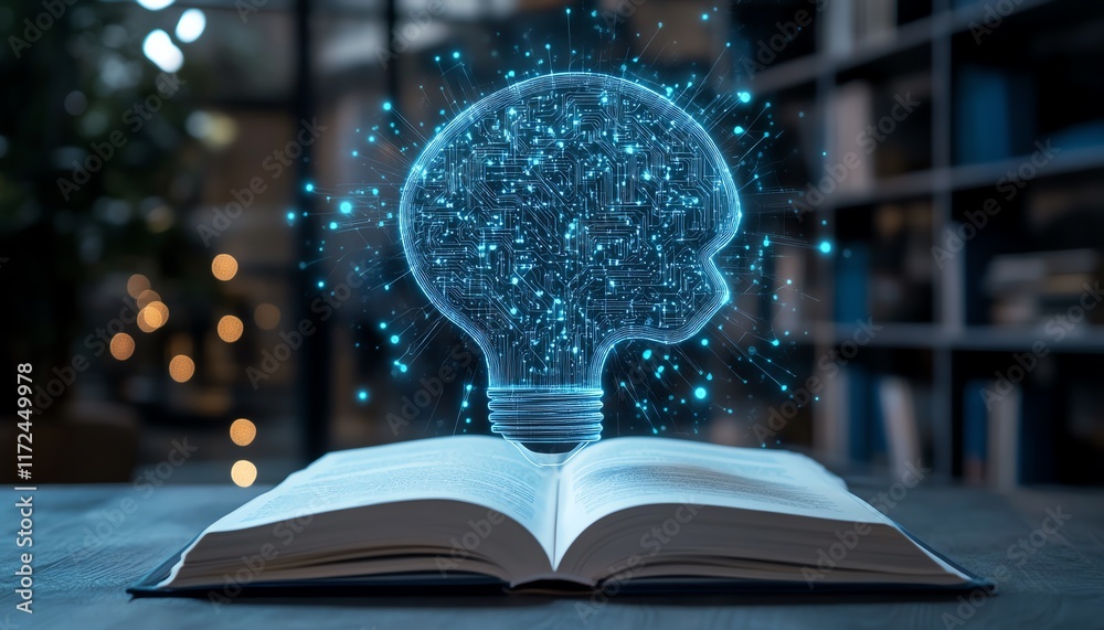 Aufkleber Machine learning and artificial intelligence visual, light bulb with virtual AI elements above an open book