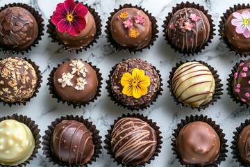 Artisanal Chocolate Pralines with Edible Flowers and Cute Wrappers
