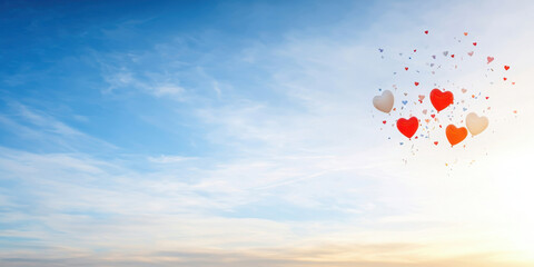 Fototapeta premium Hearts and balloons float in blue sky, creating joyful and romantic atmosphere