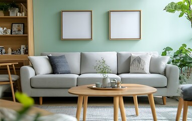 Modern living room interior design, light grey sofa, wooden coffee table, pastel green wall, plants.