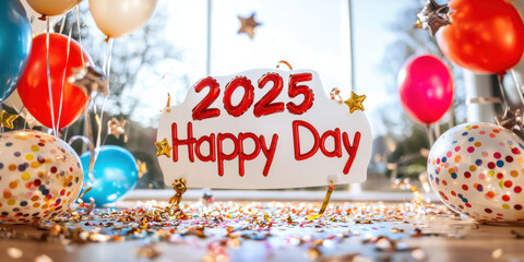 Colorful balloons and confetti create festive atmosphere for 2025 Happy Day celebration, filled with joy and excitement