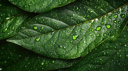 Lush green leaf textures with water droplets nature close-up photography dark environment macro view serenity and freshness