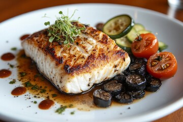 grilled salmon steak with vegetables on the plate