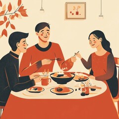 Friends enjoy autumn meal together indoors.