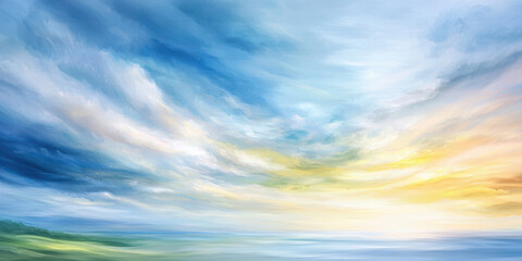 serene landscape featuring vibrant sky with soft clouds and warm sunset glow. colors blend beautifully, creating peaceful atmosphere