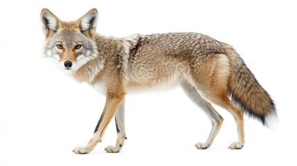 Fototapeta premium A side view of a coyote standing on a white background.
