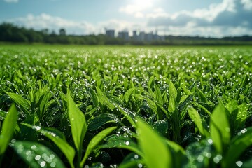 Fototapeta premium A green field with tall grass, showcasing a small bioenergy plant in the background producing clean. Generative AI