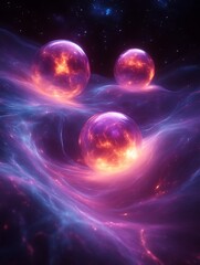 Obraz premium Three glowing orbs float on a cosmic, nebular surface.