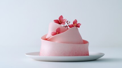 Pink dessert, floral garnish, minimalist studio, white background, website design