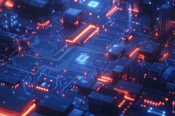 Futuristic circuitry design technology lab illustration high-tech environment aerial view digital innovation