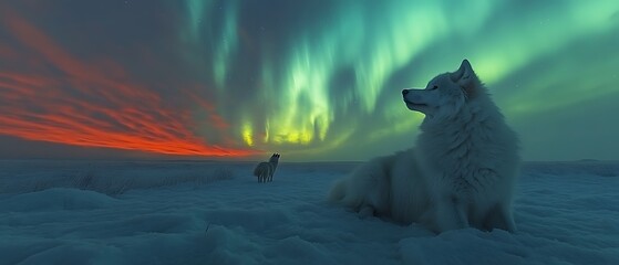 Two white dogs under aurora borealis.