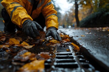 Sanitation worker in protective gloves clearing a clogged storm drain of leaves and debris after heavy rainfall to maintain water flow and prevent flooding 