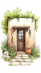charming adobe house with wooden door, surrounded by greenery and stones, evokes serene desert atmosphere