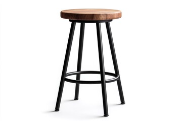 Modern bar stool with round wooden seat and black metal legs standing on white background