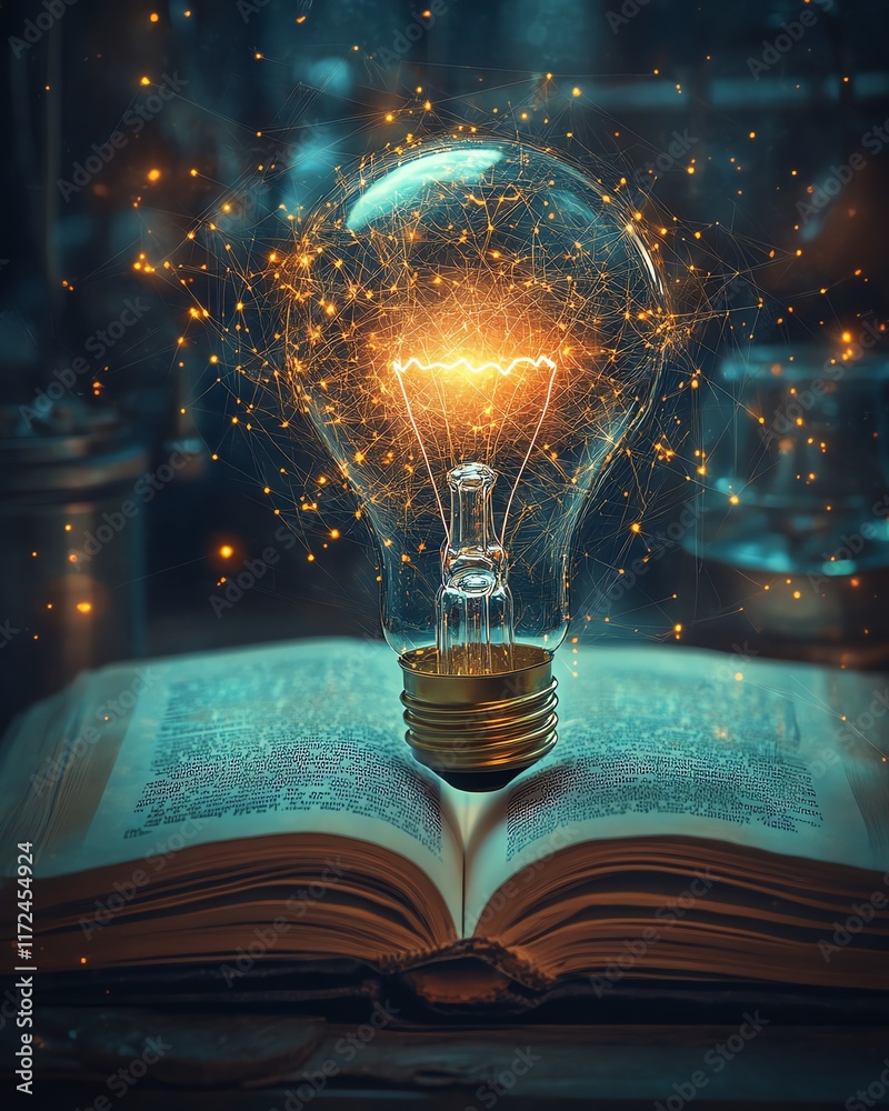 Poster science and ai technology fusion, a glowing light bulb and digital brain on an open book, representi