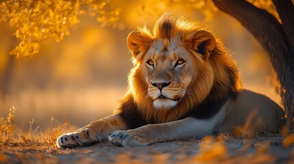 Obraz premium A majestic lion resting in a golden, sunlit landscape.