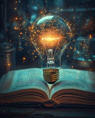 Science and AI technology fusion, a glowing light bulb and digital brain on an open book, representing machine learning