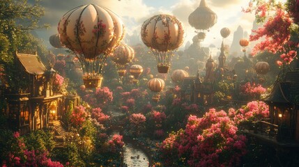 Fototapeta premium Garden where flowers bloom into tiny hot air balloons and float away