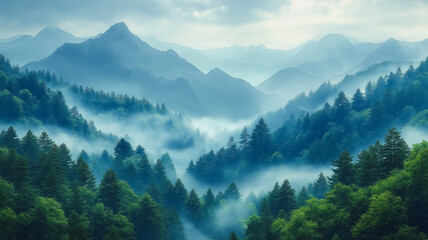 Misty Mountain Majesty: Serene landscape photography showcasing a breathtaking vista of majestic mountains shrouded in ethereal mist, with lush evergreen forests blanketing the valleys below.
