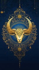 Ornate golden Taurus zodiac sign on dark blue background.