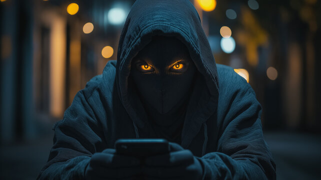 Cyberpunk Vigilante: Mysterious Figure in Hooded Sweatshirt Uses Smartphone at Night