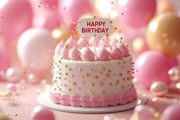 Delicious pink and white birthday cake with balloons and falling confetti