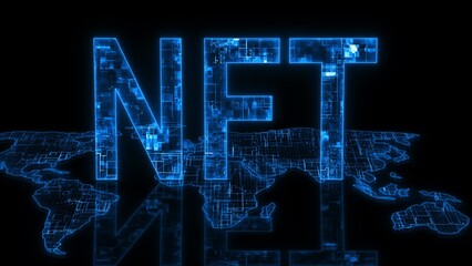 NFT text technology earth map glow blue