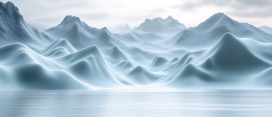 Obraz premium Serene, minimalist icy mountain range reflected in calm water.